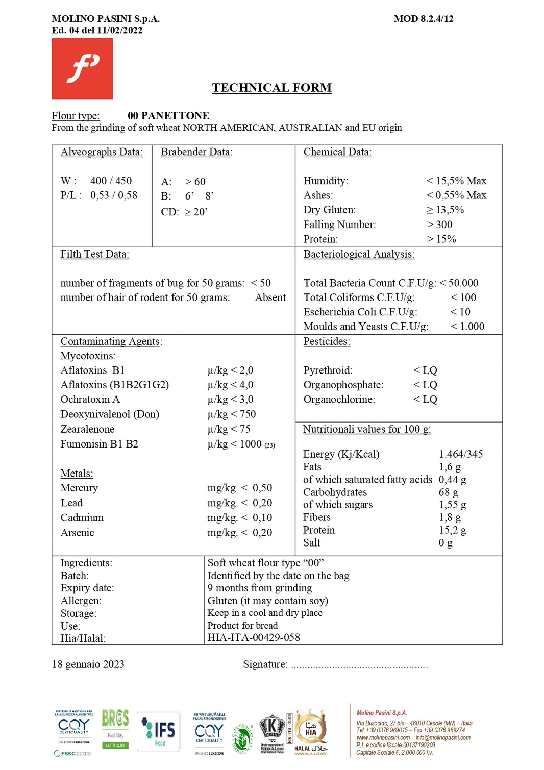 Molino Pasini Farina Di Grano Tenero Flour 25kg